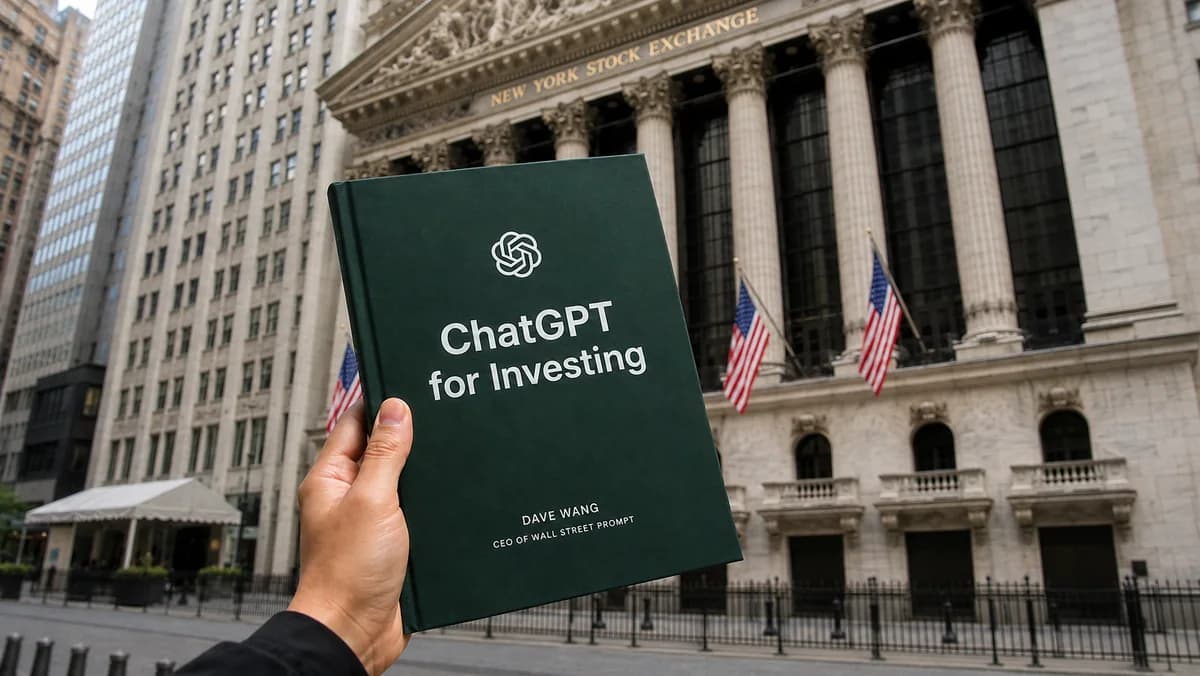Dave Wang's ChatGPT for Investing book in front of the New York Stock Exchange